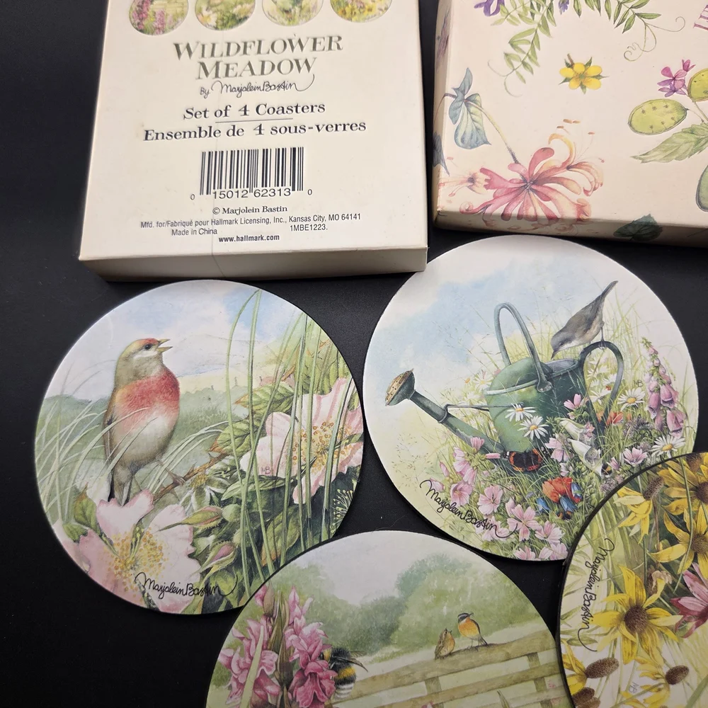 Marjolein Bastin Wildflower Meadow Coasters Set of 4 Birds Flowers Cork Base